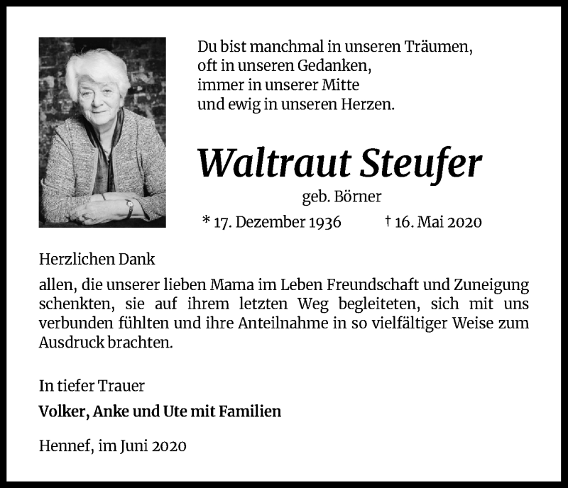  Traueranzeige für Waltraut Steufer vom 20.06.2020 aus Kölner Stadt-Anzeiger / Kölnische Rundschau / Express