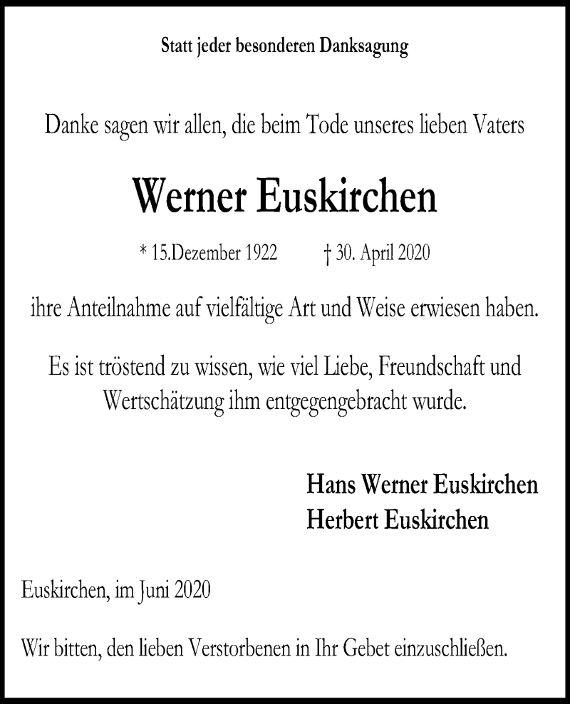  Traueranzeige für Werner Euskirchen vom 13.06.2020 aus Kölner Stadt-Anzeiger / Kölnische Rundschau / Express