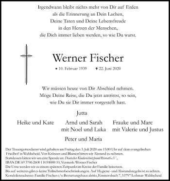 Anzeige von Werner Fischer von Kölner Stadt-Anzeiger / Kölnische Rundschau / Express