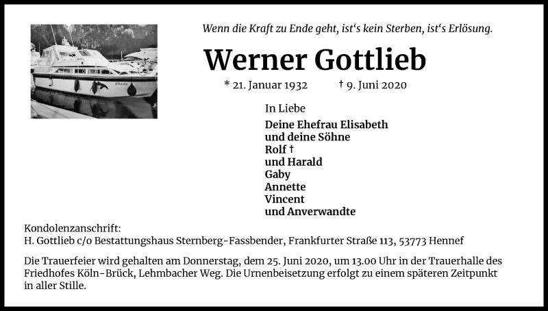  Traueranzeige für Werner Gottlieb vom 20.06.2020 aus Kölner Stadt-Anzeiger / Kölnische Rundschau / Express