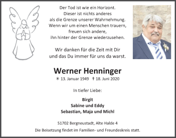 Anzeige von Werner Henninger von Kölner Stadt-Anzeiger / Kölnische Rundschau / Express