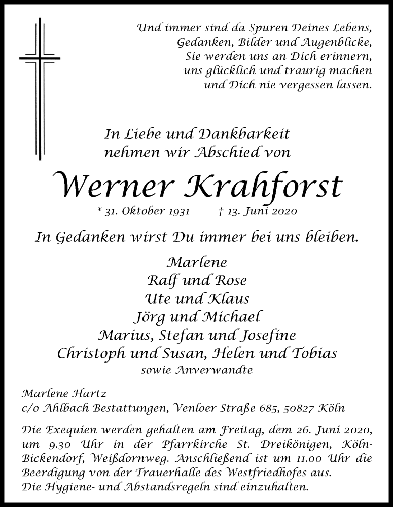  Traueranzeige für Werner Krahforst vom 20.06.2020 aus Kölner Stadt-Anzeiger / Kölnische Rundschau / Express