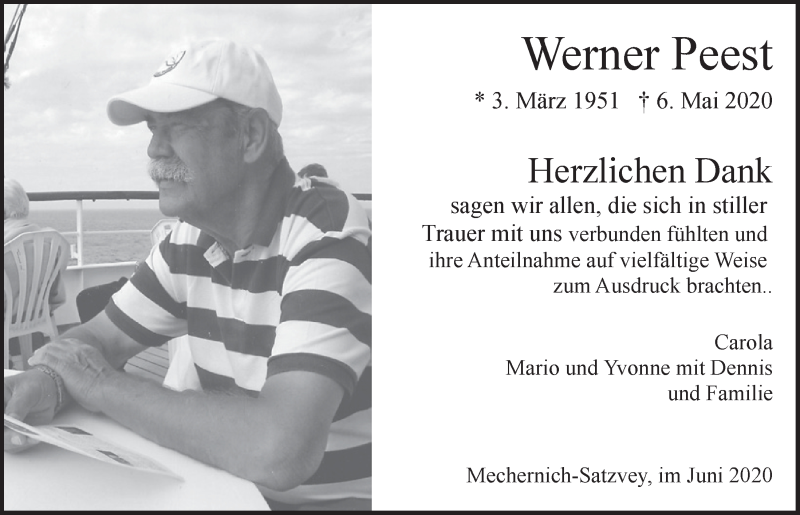  Traueranzeige für Werner Peest vom 13.06.2020 aus  Blickpunkt Euskirchen 