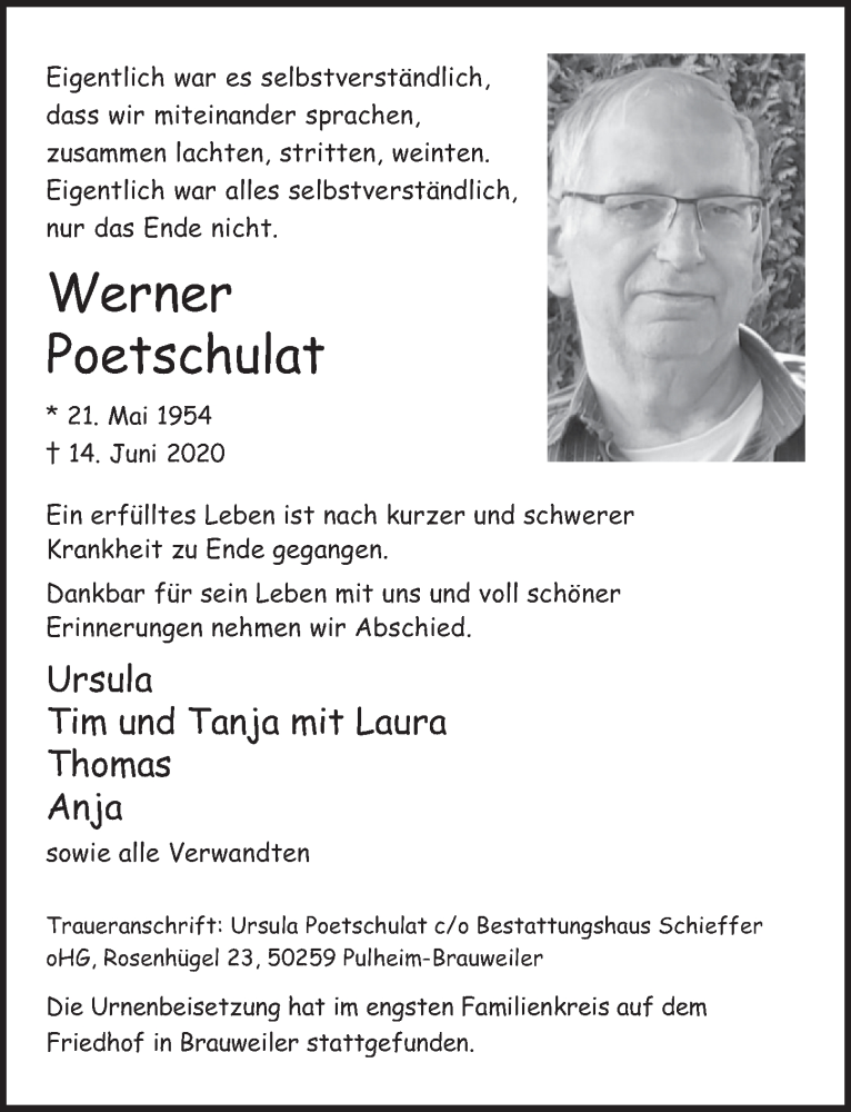  Traueranzeige für Werner Poetschulat vom 26.06.2020 aus  Wochenende 