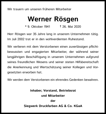 Anzeige von Werner Rösgen von Kölner Stadt-Anzeiger / Kölnische Rundschau / Express