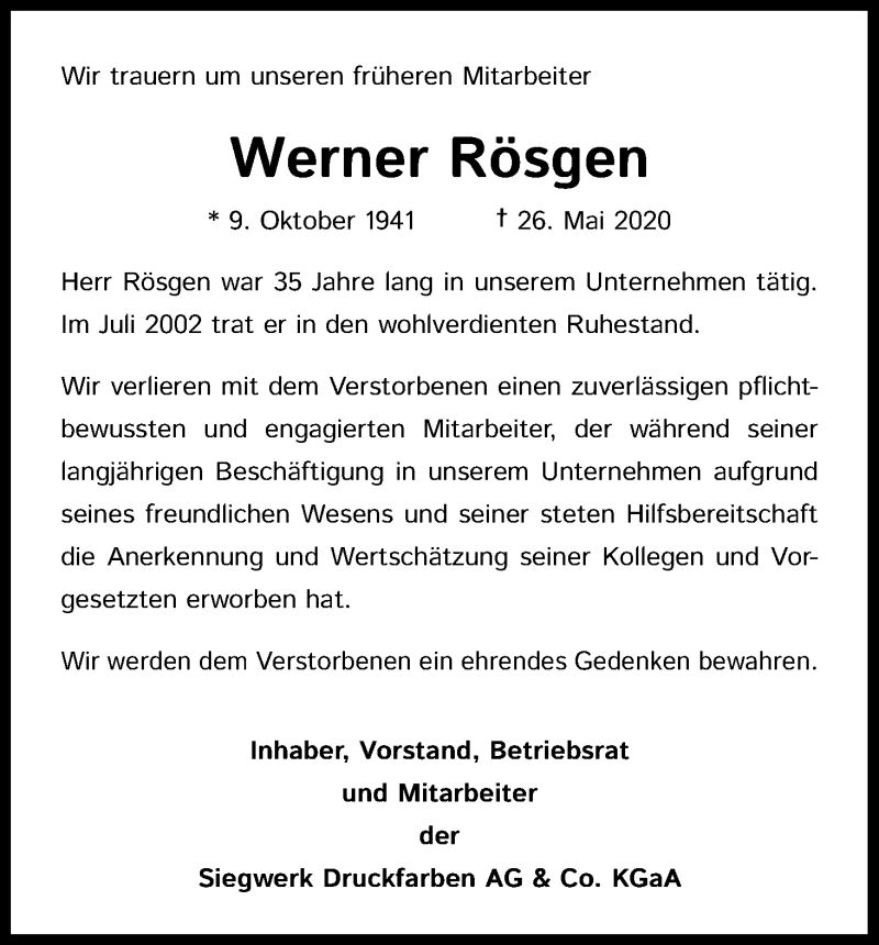  Traueranzeige für Werner Rösgen vom 09.06.2020 aus Kölner Stadt-Anzeiger / Kölnische Rundschau / Express