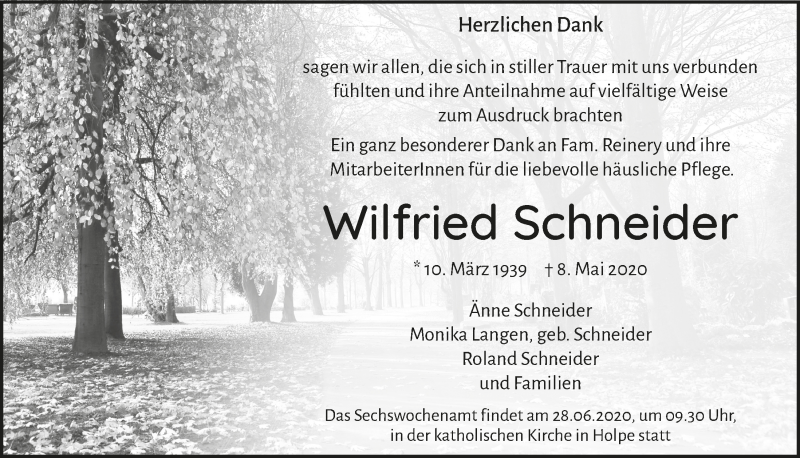  Traueranzeige für Wilfried Schneider vom 19.06.2020 aus  Lokalanzeiger 
