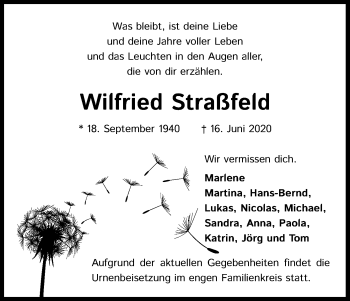 Anzeige von Wilfried Straßfeld von Kölner Stadt-Anzeiger / Kölnische Rundschau / Express