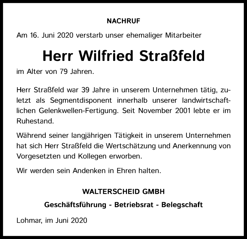  Traueranzeige für Wilfried Straßfeld vom 27.06.2020 aus Kölner Stadt-Anzeiger / Kölnische Rundschau / Express
