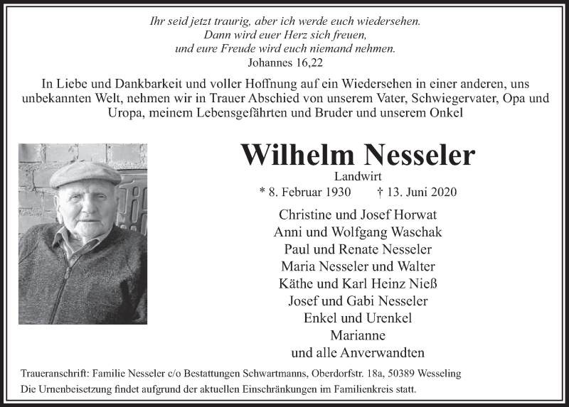  Traueranzeige für Wilhelm Nesseler vom 19.06.2020 aus  Schlossbote/Werbekurier 
