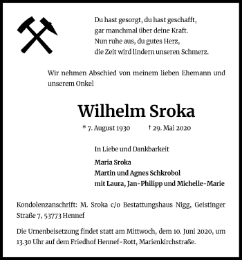 Anzeige von Wilhelm Sroka von Kölner Stadt-Anzeiger / Kölnische Rundschau / Express