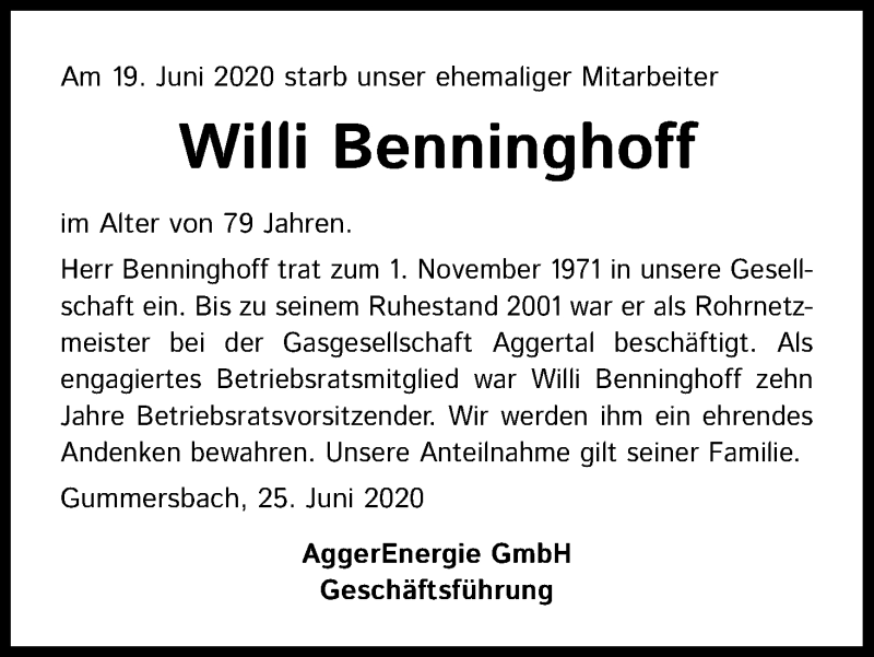  Traueranzeige für Willi Benninghoff vom 01.07.2020 aus Kölner Stadt-Anzeiger / Kölnische Rundschau / Express