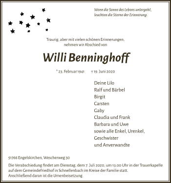 Anzeige von Willi Benninghoff von  Anzeigen Echo 