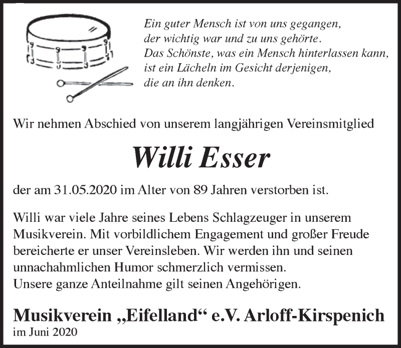  Traueranzeige für Willi Esser vom 06.06.2020 aus  Blickpunkt Euskirchen 