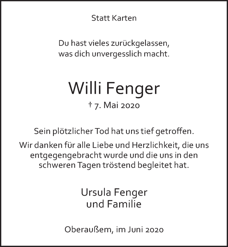 Traueranzeige für Willi Fenger vom 19.06.2020 aus  Werbepost 