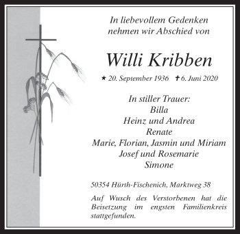 Anzeige von Willi  Kribben von  Wochenende 