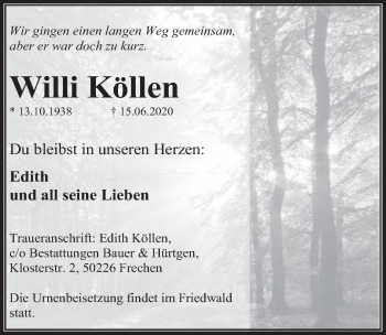 Anzeige von Willi Köllen von  Wochenende  Werbepost 
