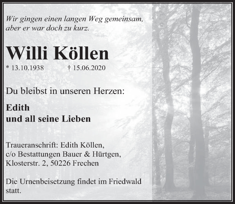  Traueranzeige für Willi Köllen vom 26.06.2020 aus  Wochenende  Werbepost 