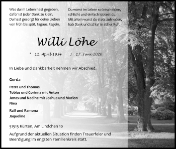 Anzeige von Willi Löhe von Kölner Stadt-Anzeiger / Kölnische Rundschau / Express