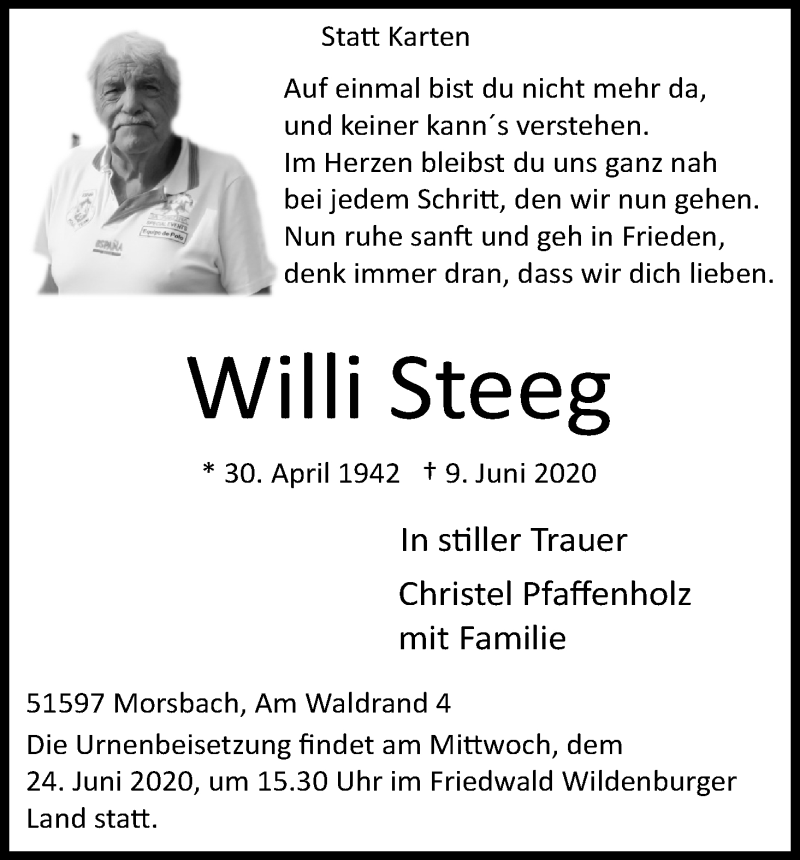 Traueranzeige für Willi Steeg vom 20.06.2020 aus Kölner Stadt-Anzeiger / Kölnische Rundschau / Express