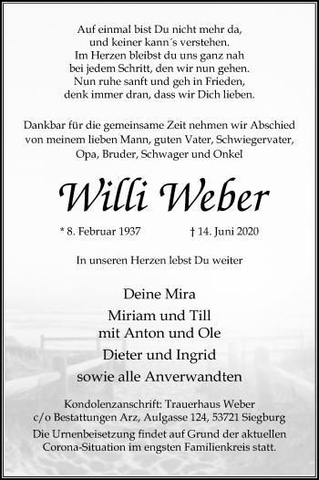 Anzeige von Willi Weber von Kölner Stadt-Anzeiger / Kölnische Rundschau / Express