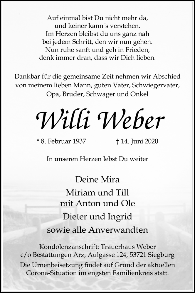  Traueranzeige für Willi Weber vom 20.06.2020 aus Kölner Stadt-Anzeiger / Kölnische Rundschau / Express