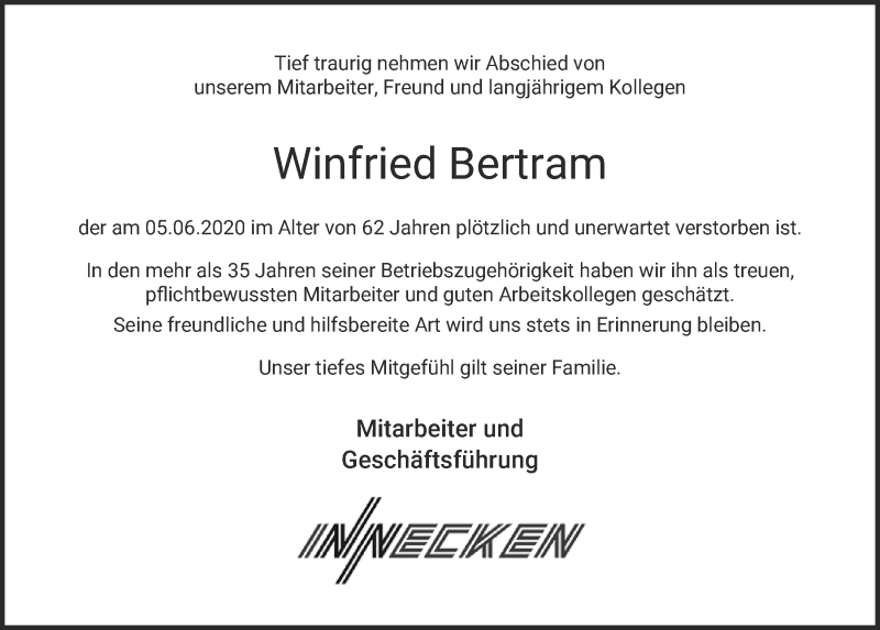  Traueranzeige für Winfried Bertram vom 20.06.2020 aus  Blickpunkt Euskirchen 