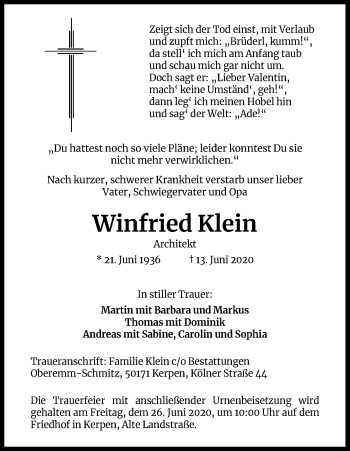 Anzeige von Winfried Klein von Kölner Stadt-Anzeiger / Kölnische Rundschau / Express