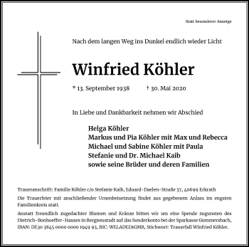 Anzeige von Winfried Köhler von Kölner Stadt-Anzeiger / Kölnische Rundschau / Express