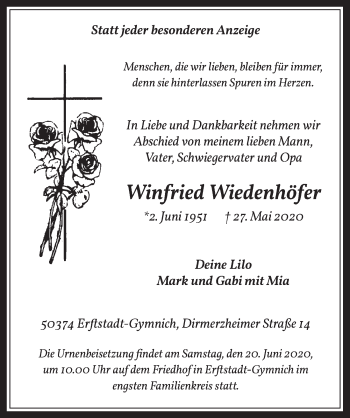 Anzeige von Winfried Wiedenhöfer von  Werbepost 