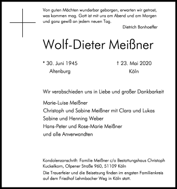 Anzeige von Wolf-Dieter Meißner von Kölner Stadt-Anzeiger / Kölnische Rundschau / Express