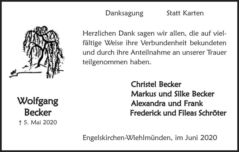  Traueranzeige für Wolfgang Becker vom 06.06.2020 aus Kölner Stadt-Anzeiger / Kölnische Rundschau / Express