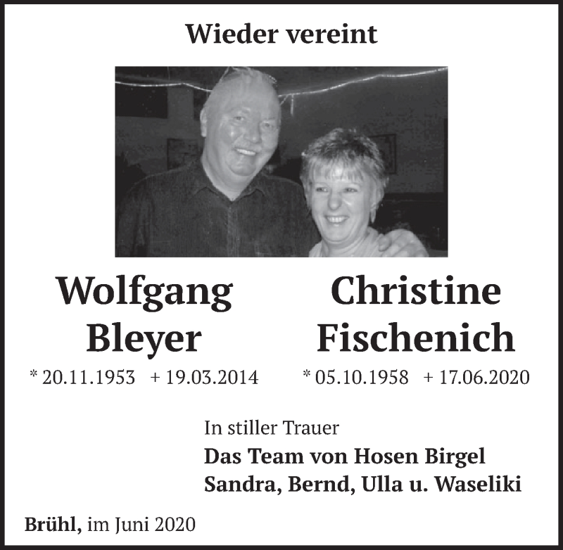 Traueranzeige für Wolfgang Bleyer vom 26.06.2020 aus  Schlossbote/Werbekurier 