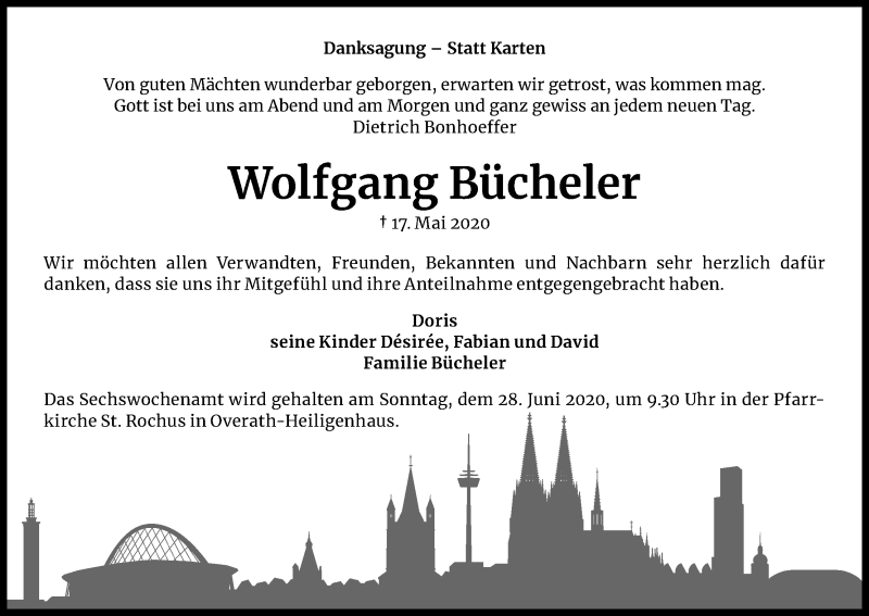  Traueranzeige für Wolfgang Bücheler vom 20.06.2020 aus Kölner Stadt-Anzeiger / Kölnische Rundschau / Express