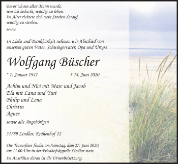 Anzeige von Wolfgang Büscher von Kölner Stadt-Anzeiger / Kölnische Rundschau / Express