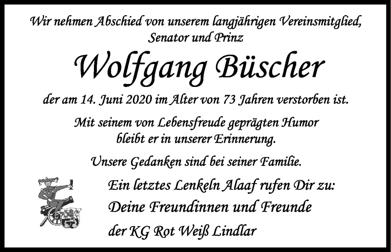 Traueranzeige für Wolfgang Büscher vom 20.06.2020 aus Kölner Stadt-Anzeiger / Kölnische Rundschau / Express