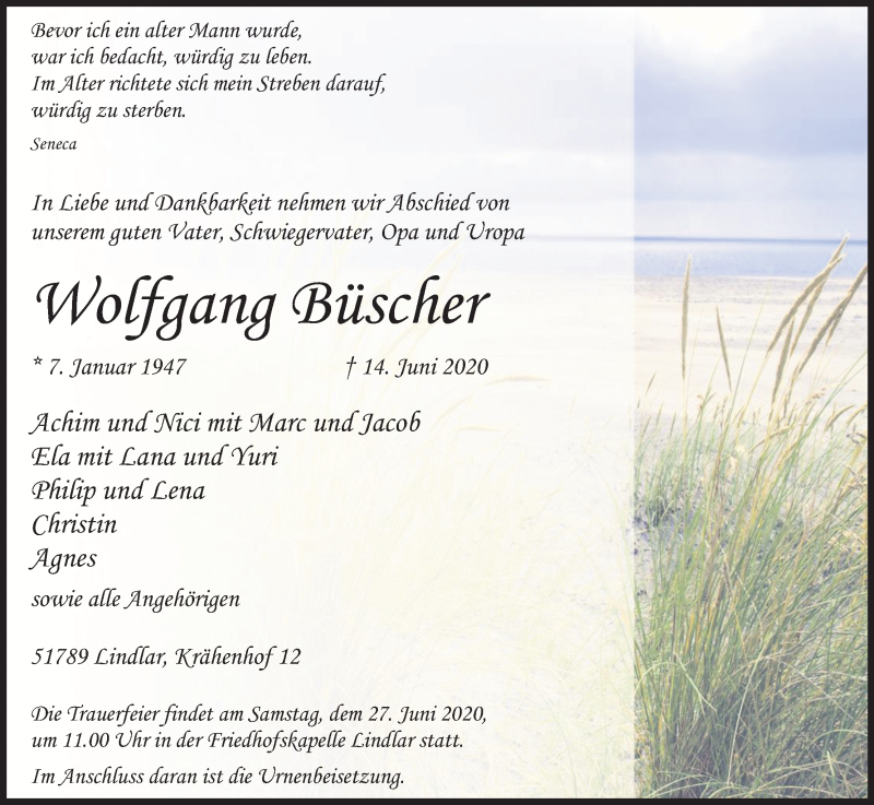  Traueranzeige für Wolfgang Büscher vom 20.06.2020 aus Kölner Stadt-Anzeiger / Kölnische Rundschau / Express