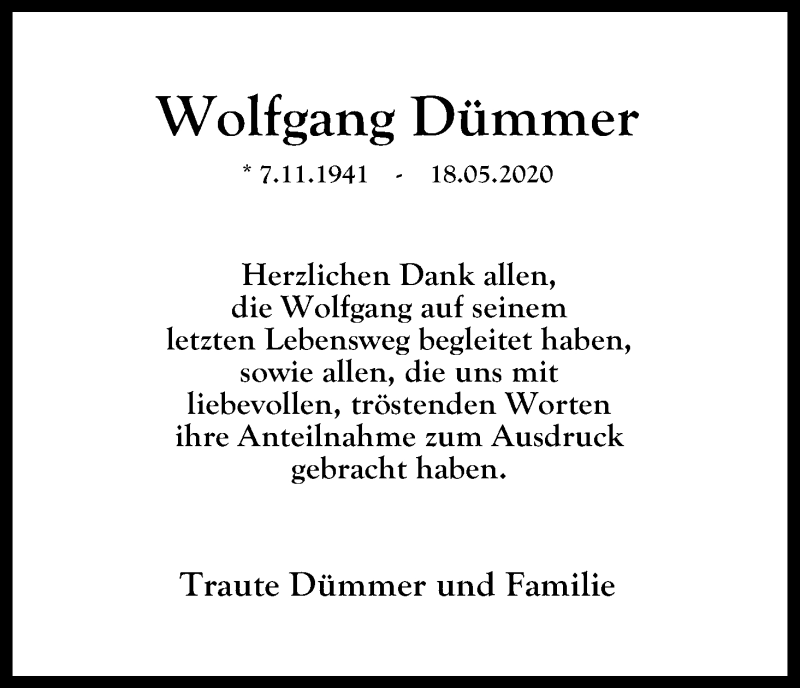  Traueranzeige für Wolfgang Dümmer vom 17.06.2020 aus Kölner Stadt-Anzeiger / Kölnische Rundschau / Express