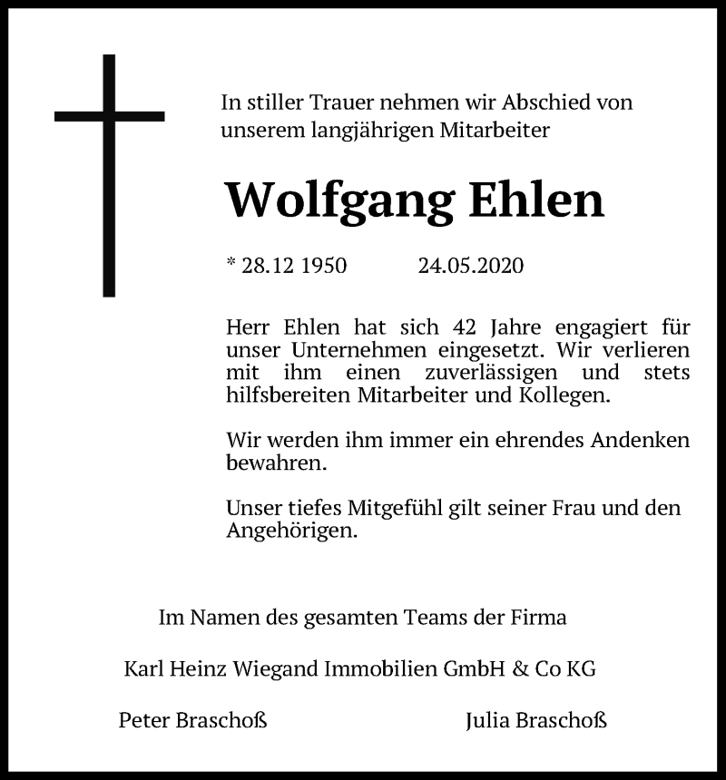  Traueranzeige für Wolfgang Ehlen vom 13.06.2020 aus Kölner Stadt-Anzeiger / Kölnische Rundschau / Express
