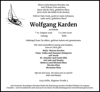 Anzeige von Wolfgang Karden von Kölner Stadt-Anzeiger / Kölnische Rundschau / Express