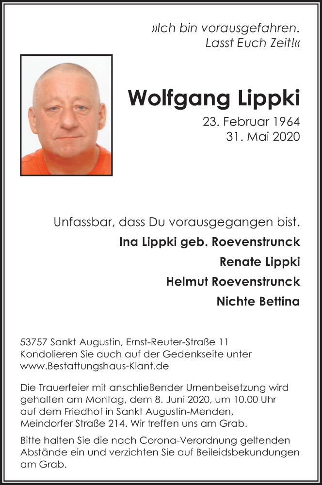  Traueranzeige für Wolfgang Lippki vom 04.06.2020 aus Kölner Stadt-Anzeiger / Kölnische Rundschau / Express