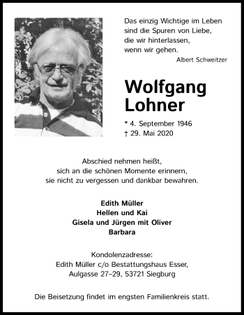 Anzeige von Wolfgang Lohner von Kölner Stadt-Anzeiger / Kölnische Rundschau / Express
