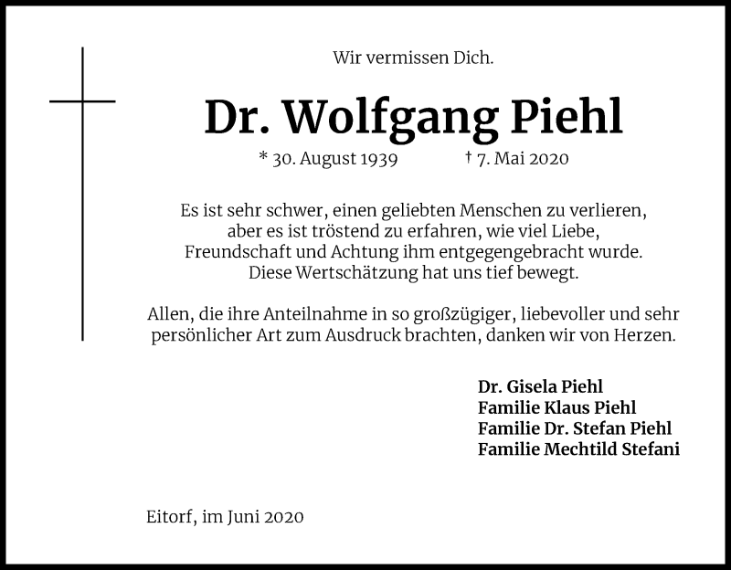  Traueranzeige für Wolfgang Piehl vom 13.06.2020 aus Kölner Stadt-Anzeiger / Kölnische Rundschau / Express