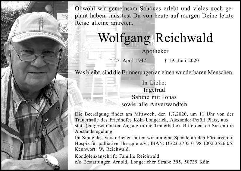  Traueranzeige für Wolfgang Reichwald vom 27.06.2020 aus Kölner Stadt-Anzeiger / Kölnische Rundschau / Express