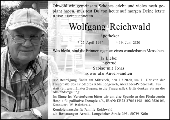 Anzeige von Wolfgang Reichwald von Kölner Stadt-Anzeiger / Kölnische Rundschau / Express
