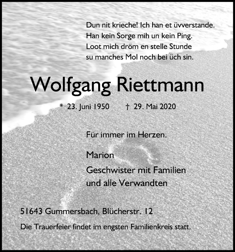  Traueranzeige für Wolfgang Riettmann vom 06.06.2020 aus Kölner Stadt-Anzeiger / Kölnische Rundschau / Express