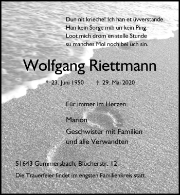 Anzeige von Wolfgang Riettmann von  Anzeigen Echo 