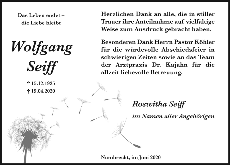  Traueranzeige für Wolfgang Seiff vom 05.06.2020 aus  Lokalanzeiger 