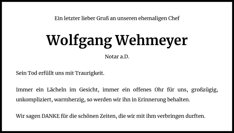  Traueranzeige für Wolfgang Wehmeyer vom 20.06.2020 aus Kölner Stadt-Anzeiger / Kölnische Rundschau / Express