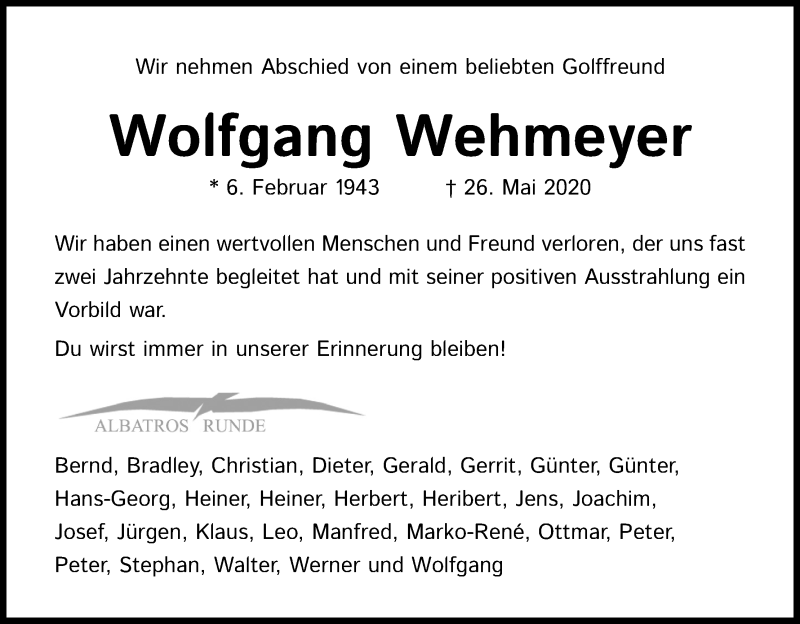  Traueranzeige für Wolfgang Wehmeyer vom 27.06.2020 aus Kölner Stadt-Anzeiger / Kölnische Rundschau / Express